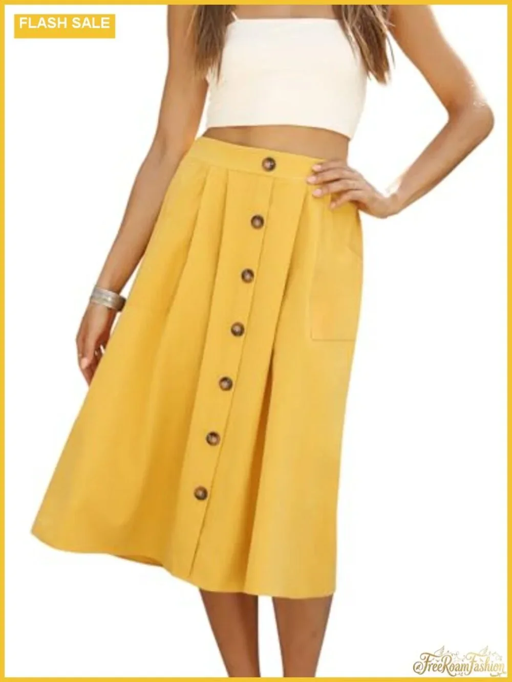 Women's A-Line Midi Skirt with Pockets | High Waisted Button Front | No Stretch